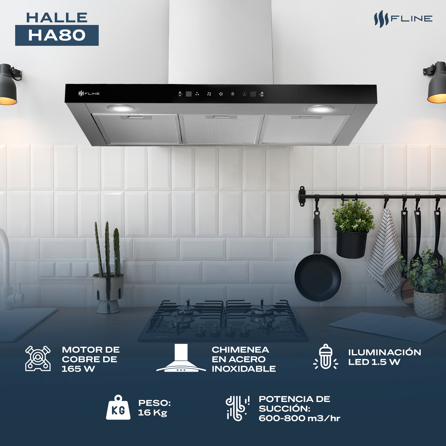 Foto 5 pulgar | Campana De Cocina 80 Cm  Tipo T De Pared  Controles Touch Y Sensor Extractora   Acero Inoxidable  3 Velocidades  Halle