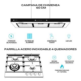 Foto 2 | Fline Combo Parrilla De Gas Y Campana Extractora 60 Cm Pared Tipo T Gris Lu4ha60