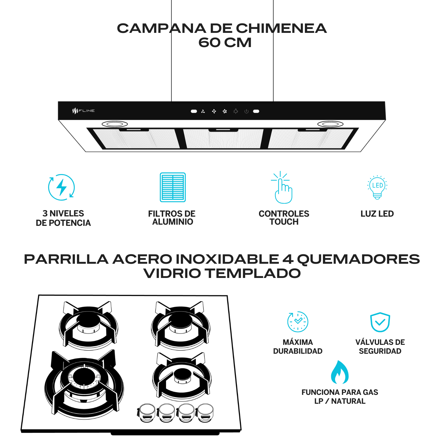 Foto 2 | Fline  Combo Parrilla De Gas Y  Campana Extractora 60 Cm  Pared Tipo T  Negra  Os4ni60