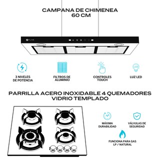 Foto 2 | Fline Combo Parrilla De Gas Y Campana Extractora 60 Cm Pared Tipo T Negra Os4ni60