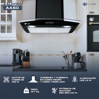 Foto 4 | Campana De Cocina 60 Cm Negro Matte De Pared Cristal Curvo Controles De Boton Extractora 3 Velocidades Aalborg 60