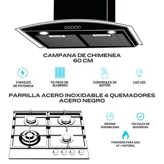 Foto 2 | Fline Combo Parrilla De Gas Y Campana Extractora 60 Cm Pared Botones Negra Op4aa60