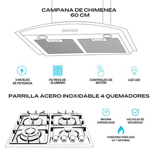 Foto 2 | Fline Combo Parrilla De Gas Y Campana Extractora 60 Cm Pared Botones Acero Inox Ma4be60