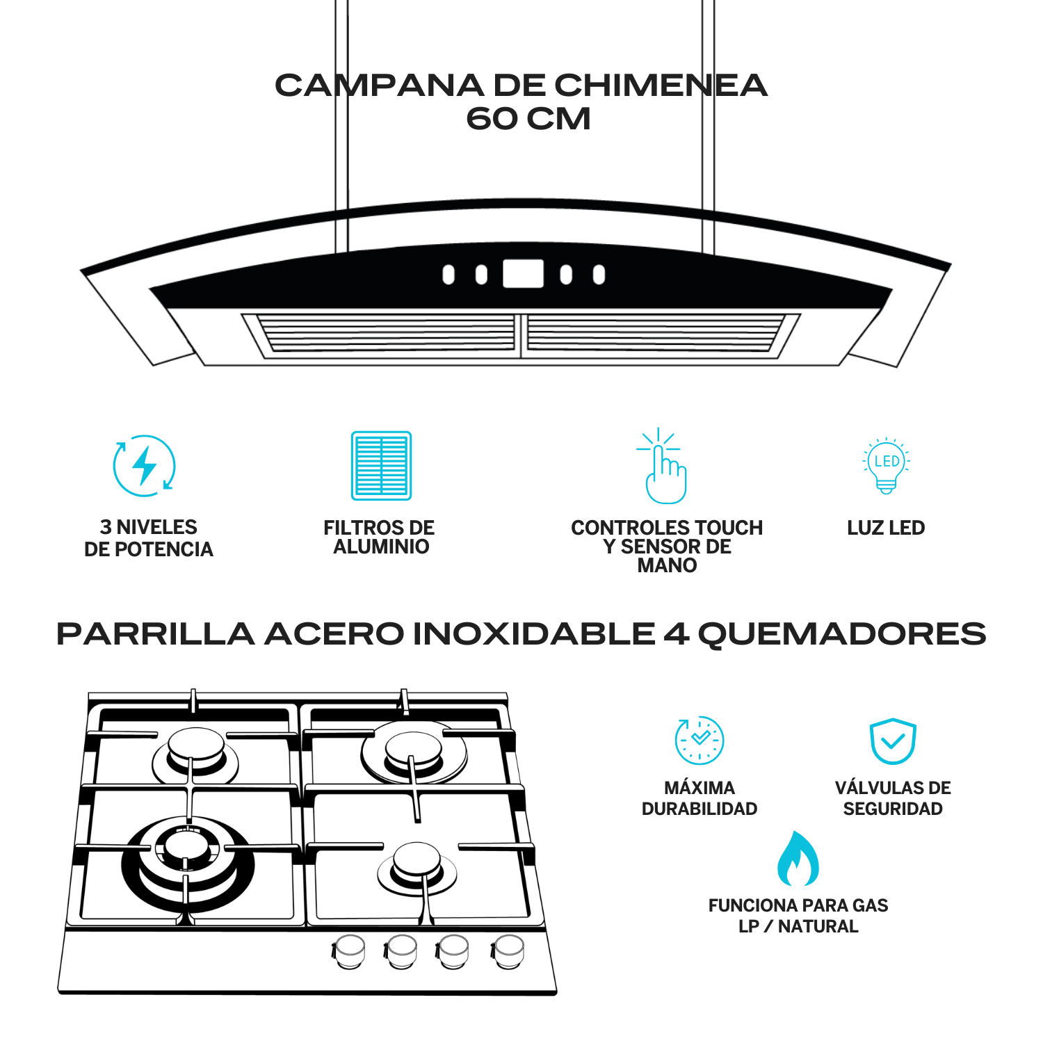 Foto 2 | Fline  Combo Parrilla De Gas Y  Campana Extractora 60 Cm  Pared Sensor Touch Grislu4tr60