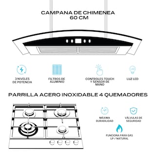 Foto 2 | Fline Combo Parrilla De Gas Y Campana Extractora 60 Cm Pared Sensor Touch Grislu4tr60