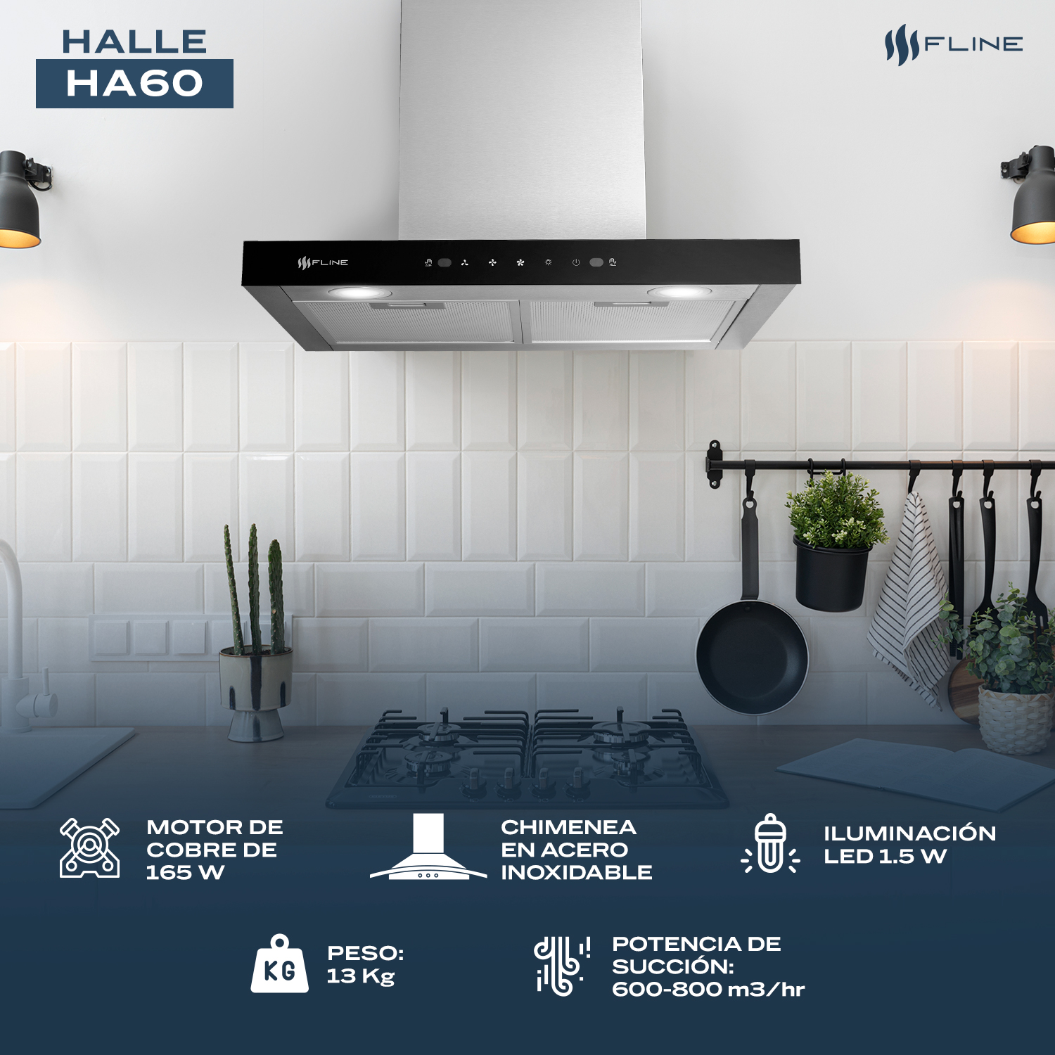 Foto 5 pulgar | Campana De Cocina 60 Cm  Tipo T De Pared  Controles Touch Y Sensor Extractora   Acero Inoxidable  3 Velocidades  Halle