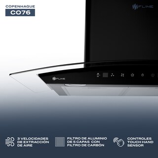 Foto 3 | Campana De Cocina 76 Cm De Pared Cristal Curvo Y Color Negro Matte Controles Touch 3 Velocidades Copenhague 76