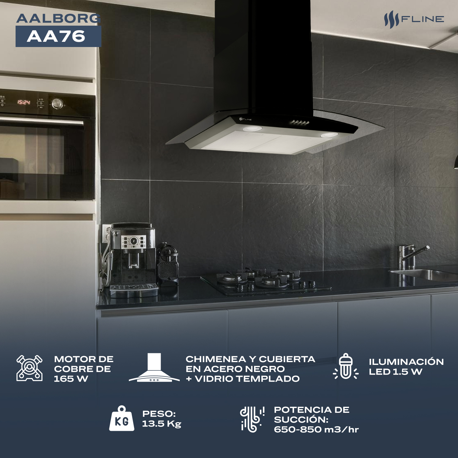 Foto 5 pulgar | Campana De Cocina 76 Cm  Negro Matte  De Pared  Cristal Curvo  Controles De Boton Extractora  3 Velocidades  Aalborg 76