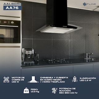Foto 4 | Campana De Cocina 76 Cm Negro Matte De Pared Cristal Curvo Controles De Boton Extractora 3 Velocidades Aalborg 76