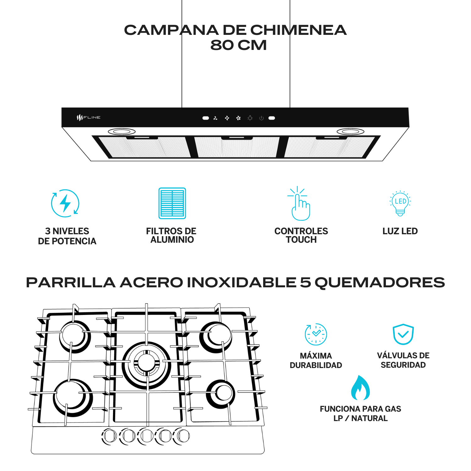 Foto 3 pulgar | Fline  Combo Parrilla De Gas Y  Campana Extractora 80 Cm  Pared Tipo T  Acero Inox Ma5ha80