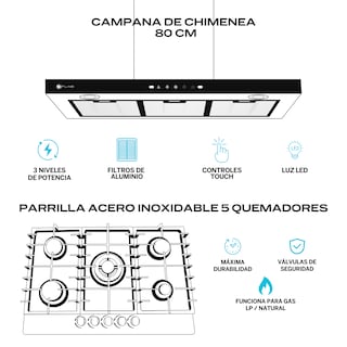 Foto 2 | Fline Combo Parrilla De Gas Y Campana Extractora 80 Cm Pared Tipo T Acero Inox Ma5ha80