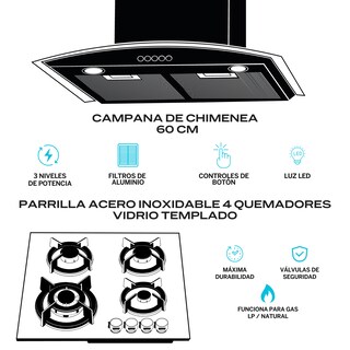 Foto 2 | Fline Combo Parrilla De Gas Y Campana Extractora 60 Cm Pared Botones Negra Os4aa60