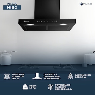 Foto 4 | Fline Campana De Cocina 60 Cm Tipo T Negro Matte De Pared Controles Touch Y Sensorextractora 3 Velocidades Niza