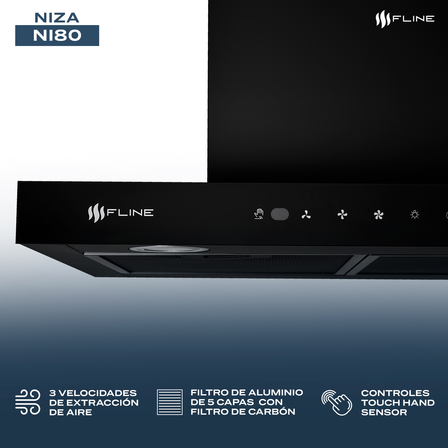 Foto 4 pulgar | Fline  Campana De Cocina 80 Cm  Tipo T Negro Matte De Pared  Controles Touch  Y Sensorextractora   3 Velocidades  Niza