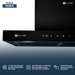 Foto 3 | Fline Campana De Cocina 80 Cm Tipo T Negro Matte De Pared Controles Touch Y Sensorextractora 3 Velocidades Niza