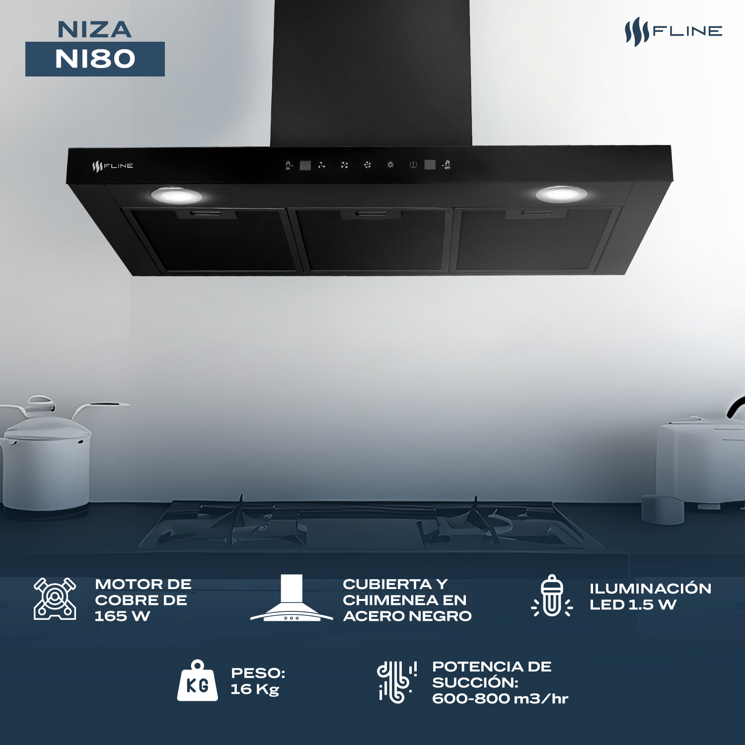 Foto 5 pulgar | Fline  Campana De Cocina 80 Cm  Tipo T Negro Matte De Pared  Controles Touch  Y Sensorextractora   3 Velocidades  Niza