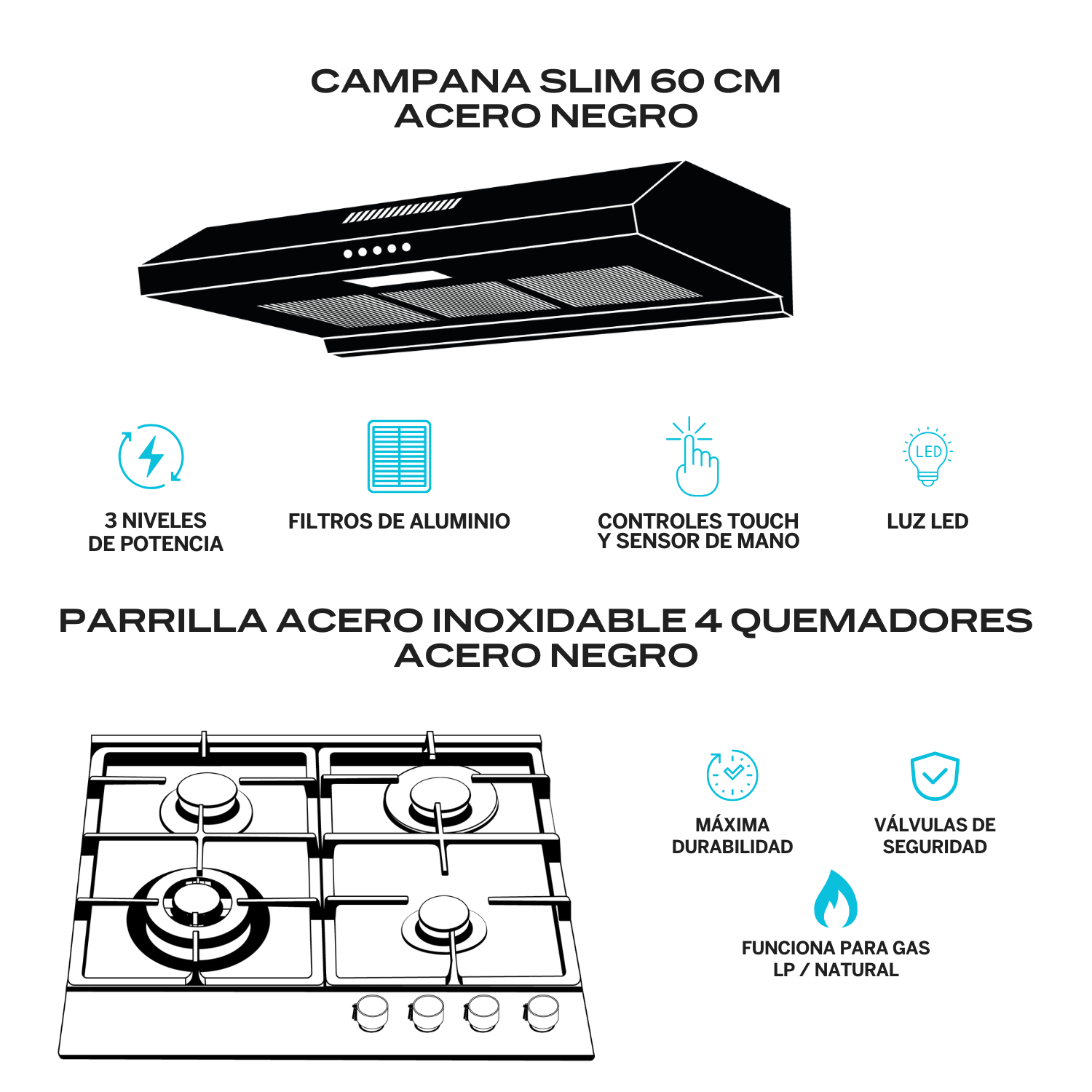 Foto 3 pulgar | Fline  Combo Parrilla De Gas Y  Campana Extractora 60 Cm  Gabinete  Negra  Op4br60