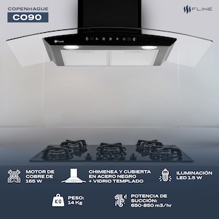 Foto 4 | Campana De Cocina 90 Cm De Pared Cristal Curvo Y Color Negro Matte Controles Touch 3 Velocidades Copenhague 90