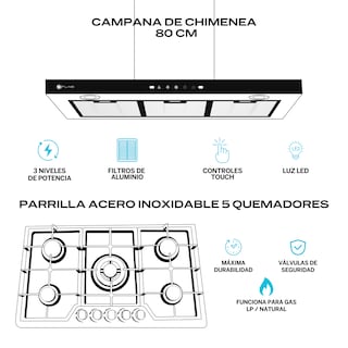 Foto 2 | Fline Combo Parrilla De Gas Y Campana Extractora 80 Cm Pared Tipo T Gris Lu5ha80