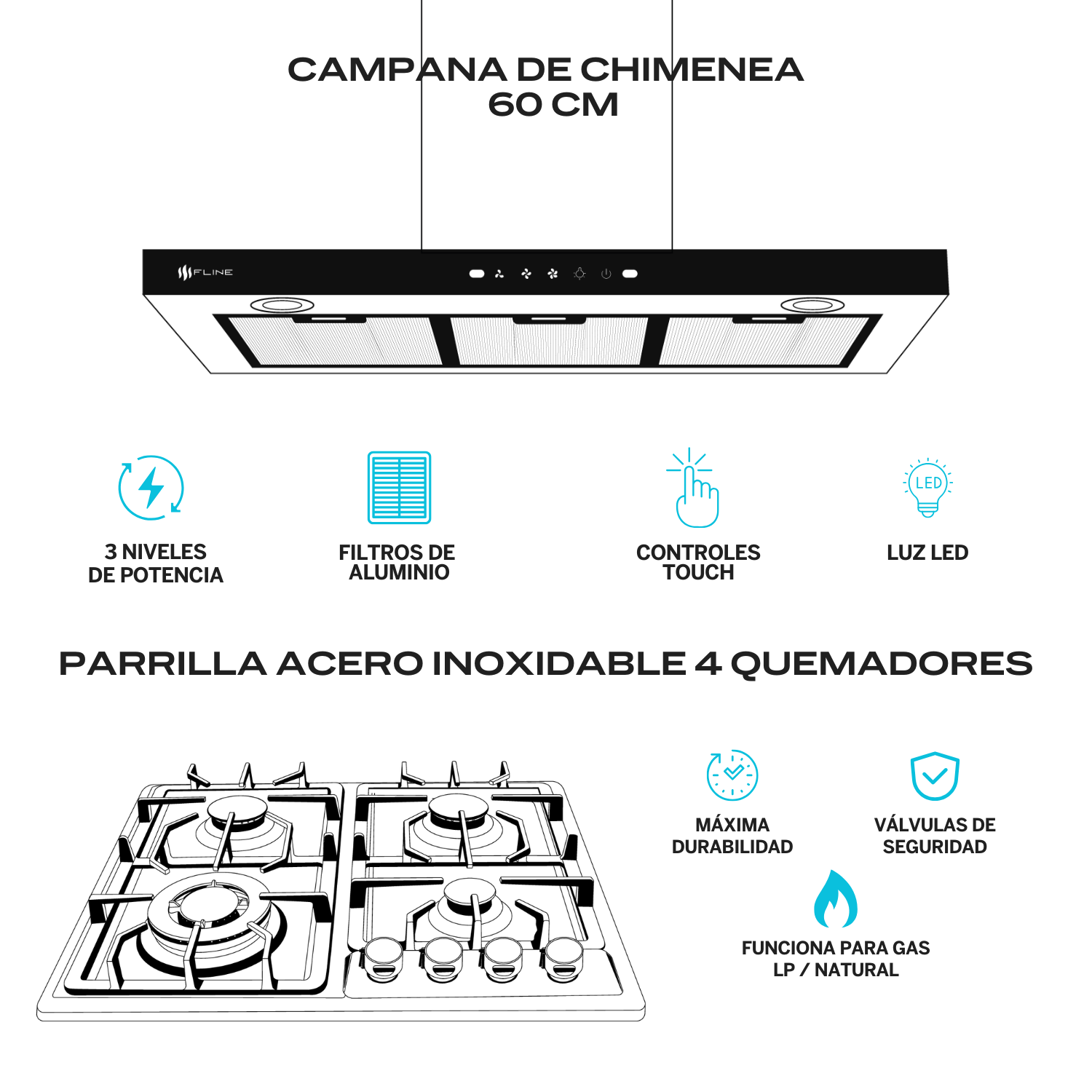 Foto 3 pulgar | Combo Parrilla de Gas y Campana Extractora 60 cm Fline Pared Tipo T Acero Inox MA4HA60