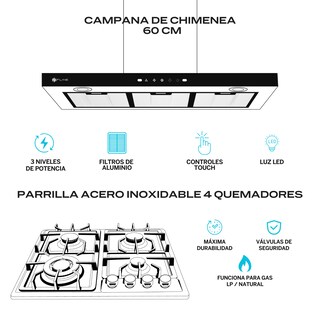Foto 2 | Combo Parrilla de Gas y Campana Extractora 60 cm Fline Pared Tipo T Acero Inox MA4HA60