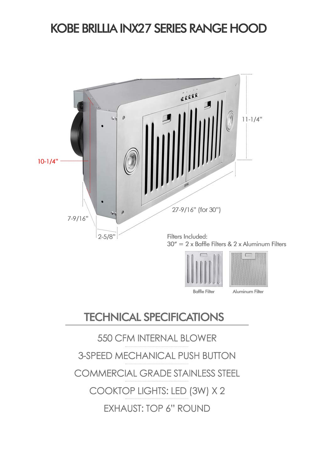 Foto 7 | Campana Extractora Kobe Inx2730sqb-700-2 Brillia 76 Cm 550 M³/h - Venta Internacional.