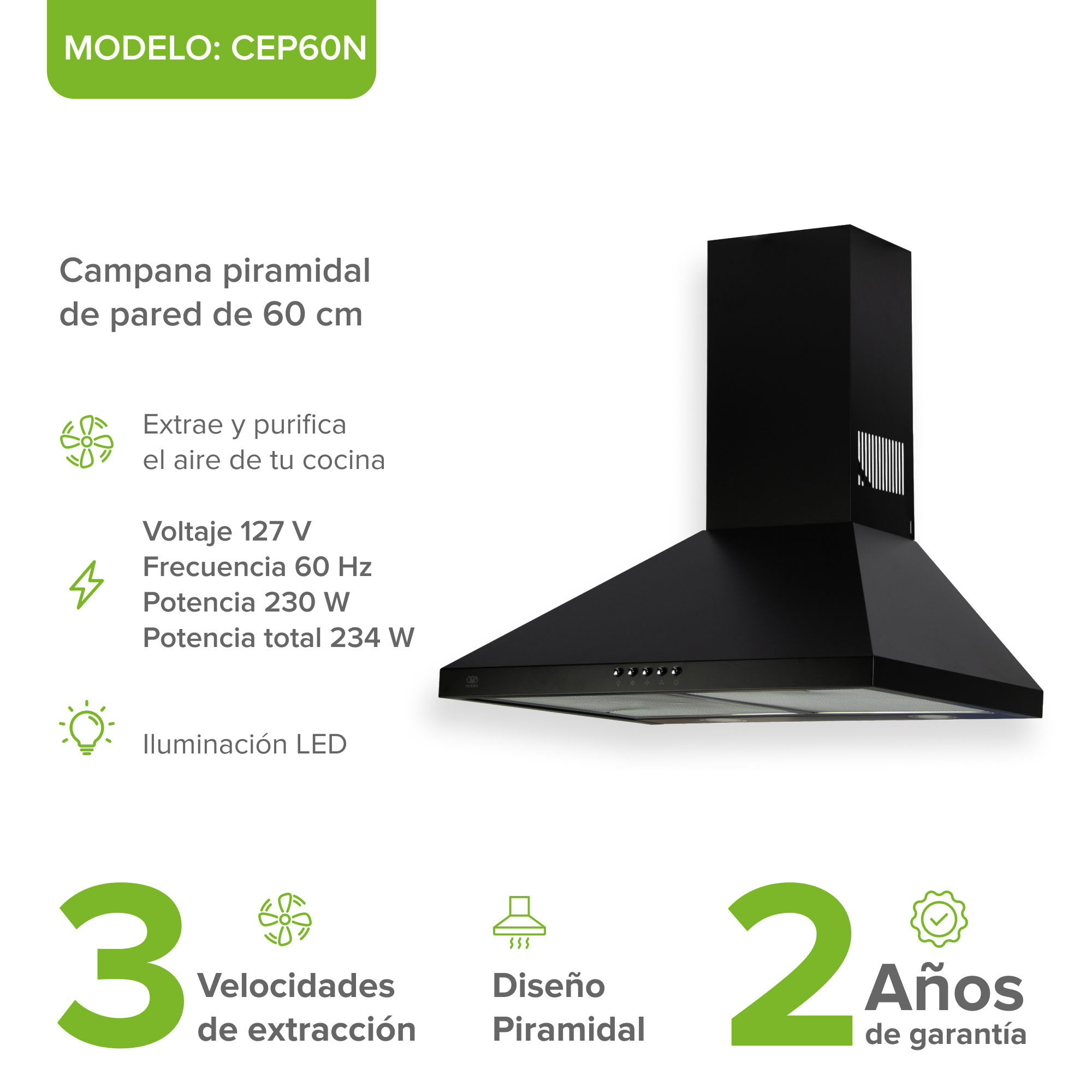 Foto 4 pulgar | Campana Para Cocina De Pared Piramidal 60 Cm 3 Velocidades Negro Avera Cep60n