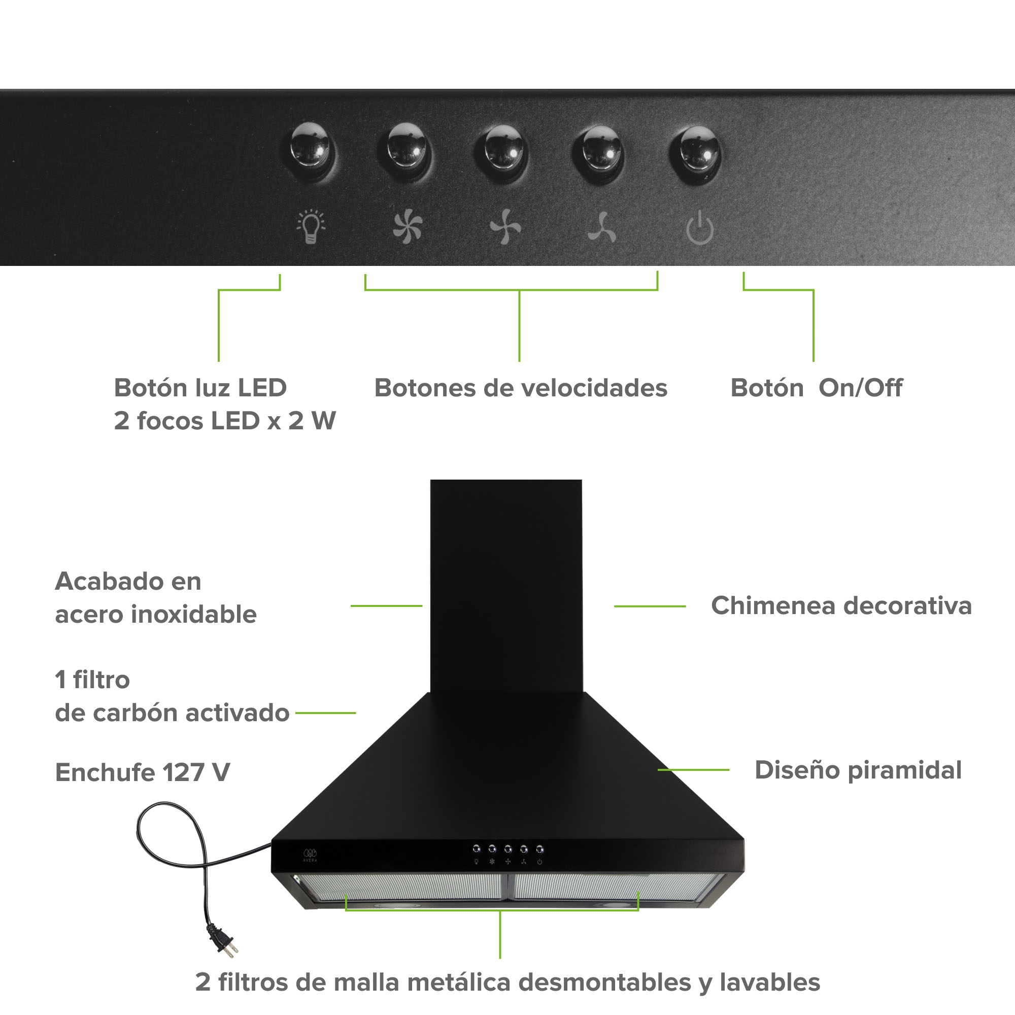 Foto 5 pulgar | Campana Para Cocina De Pared Piramidal 60 Cm 3 Velocidades Negro Avera Cep60n