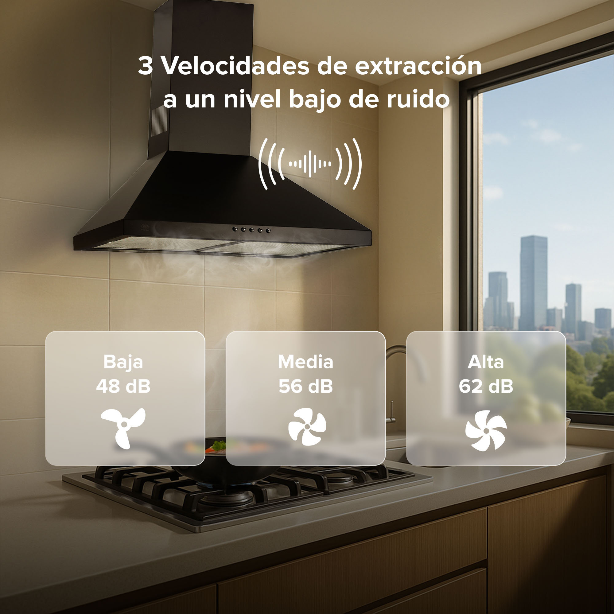 Foto 6 pulgar | Campana Para Cocina De Pared Piramidal 60 Cm 3 Velocidades Negro Avera Cep60n