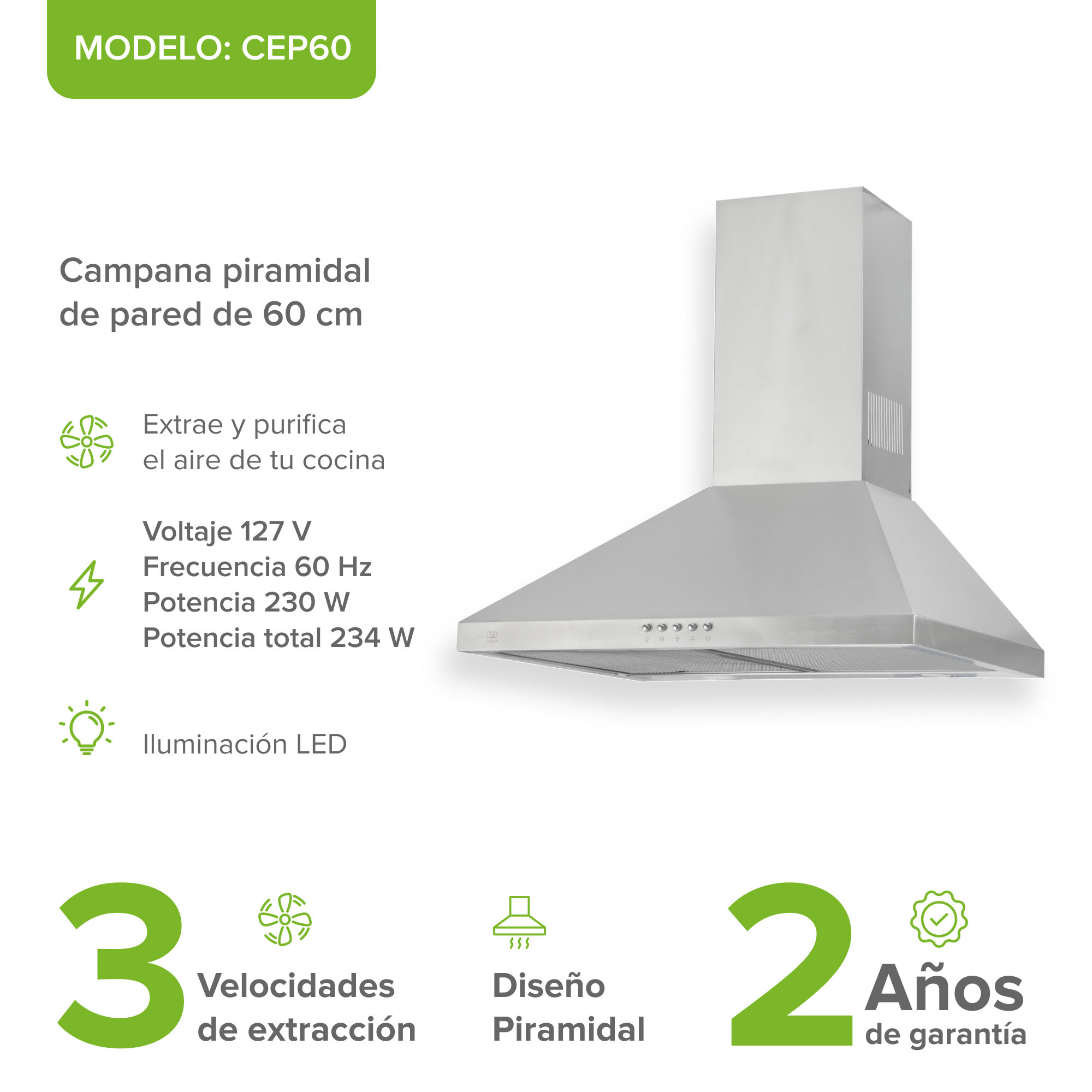 Foto 4 pulgar | Campana Para Cocina De Pared Piramidal 60 Cm 3 Velocidades Avera Cep60