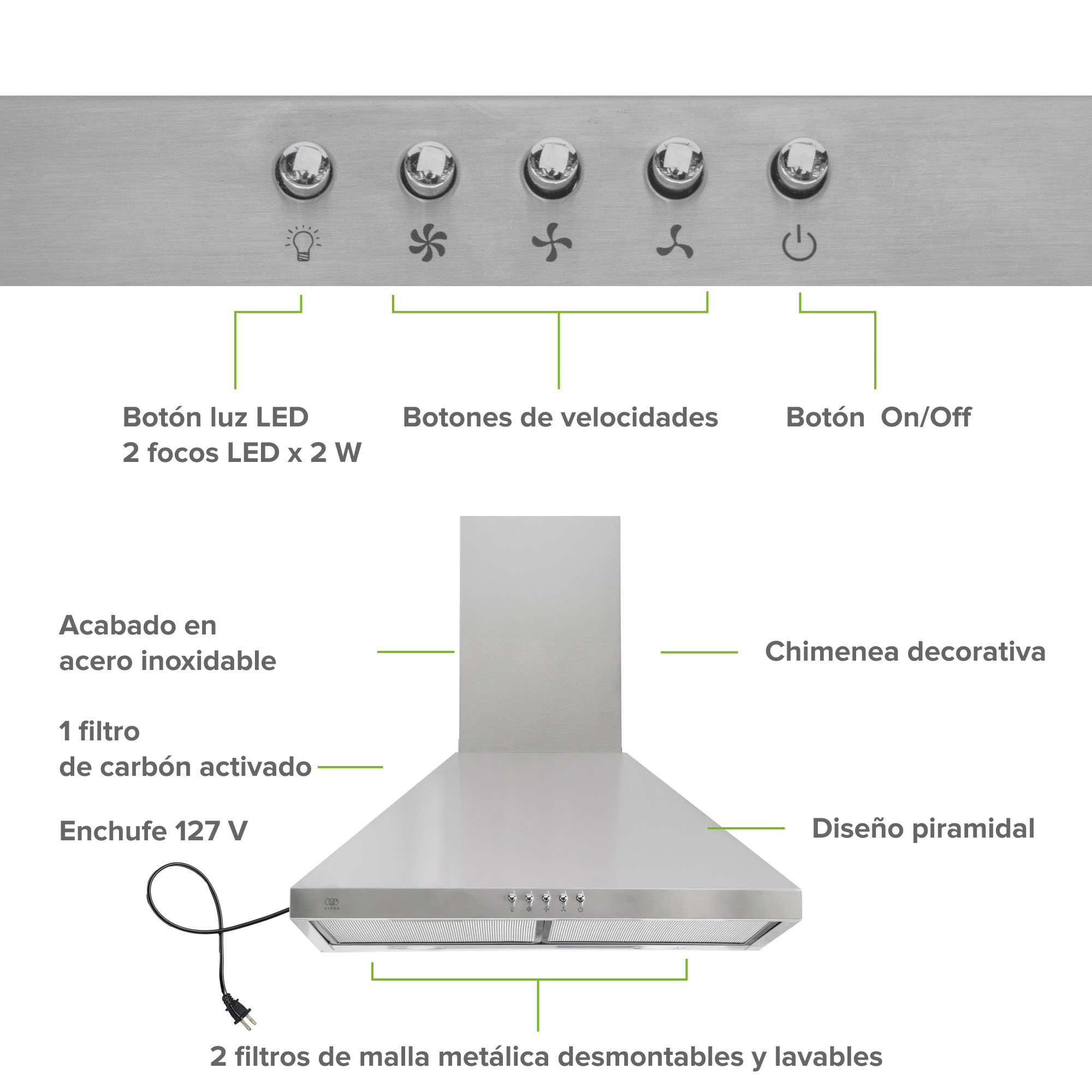 Foto 5 pulgar | Campana Para Cocina De Pared Piramidal 60 Cm 3 Velocidades Avera Cep60