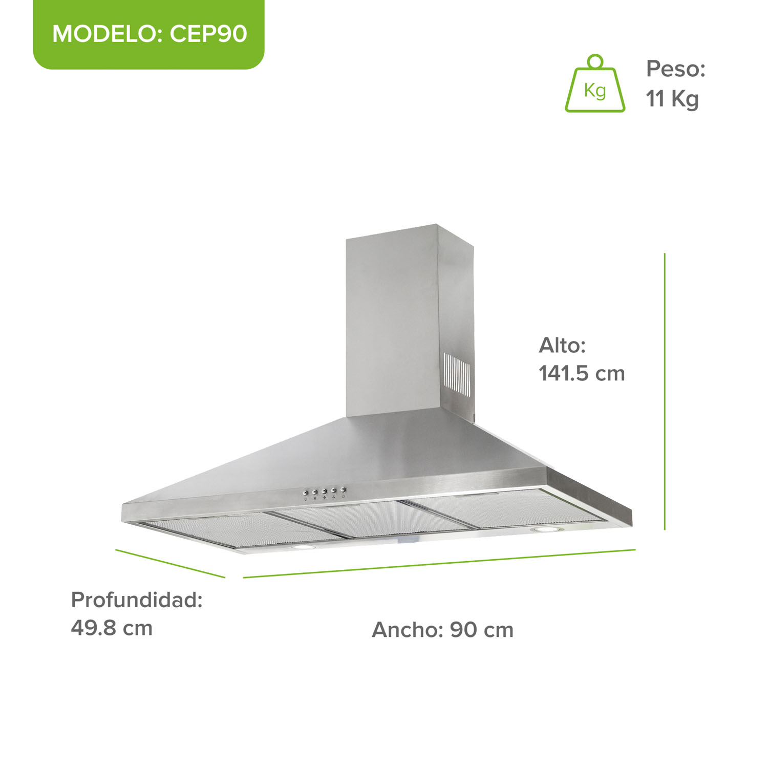 Foto 3 pulgar | Campana Para Cocina De Pared Piramidal 90 Cm 3 Velocidades Avera Cep90