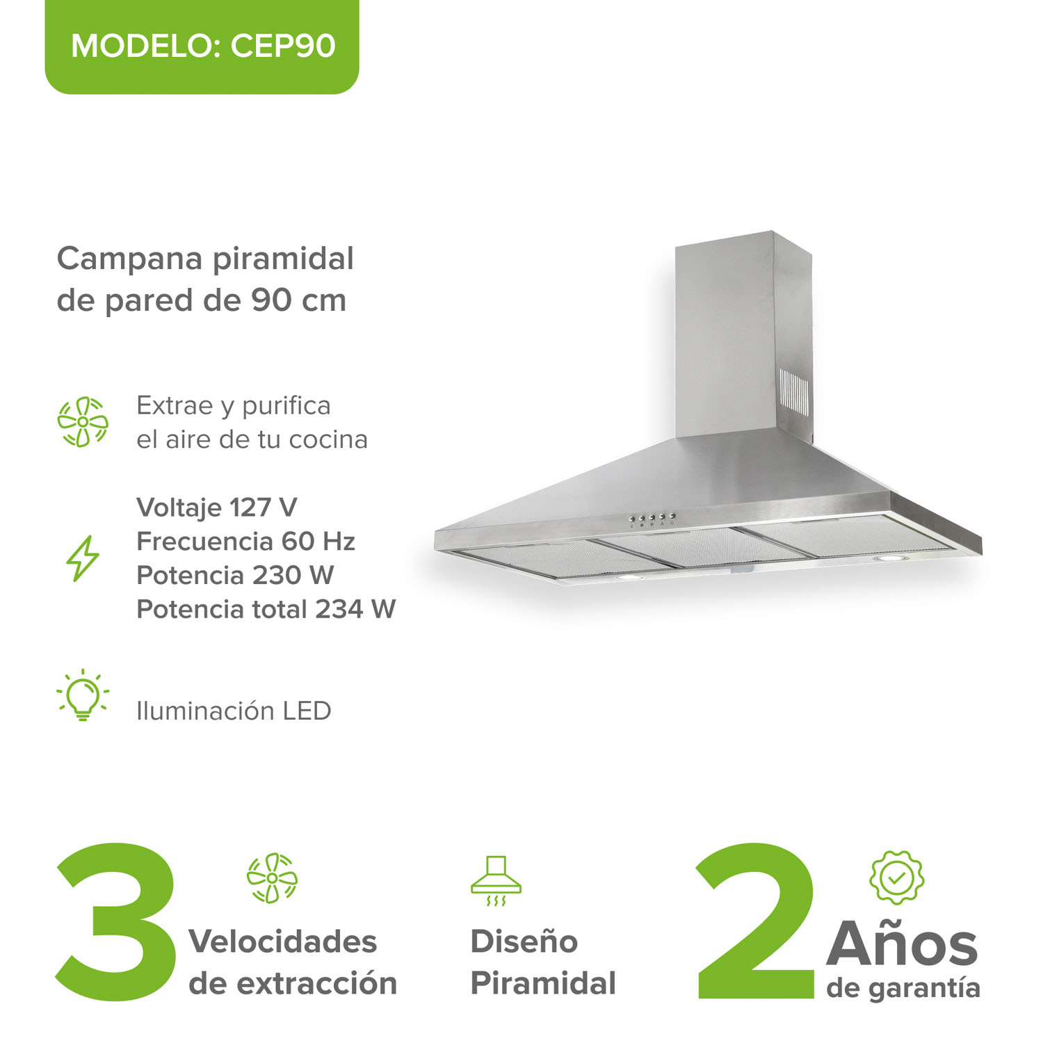 Foto 4 pulgar | Campana Para Cocina De Pared Piramidal 90 Cm 3 Velocidades Avera Cep90