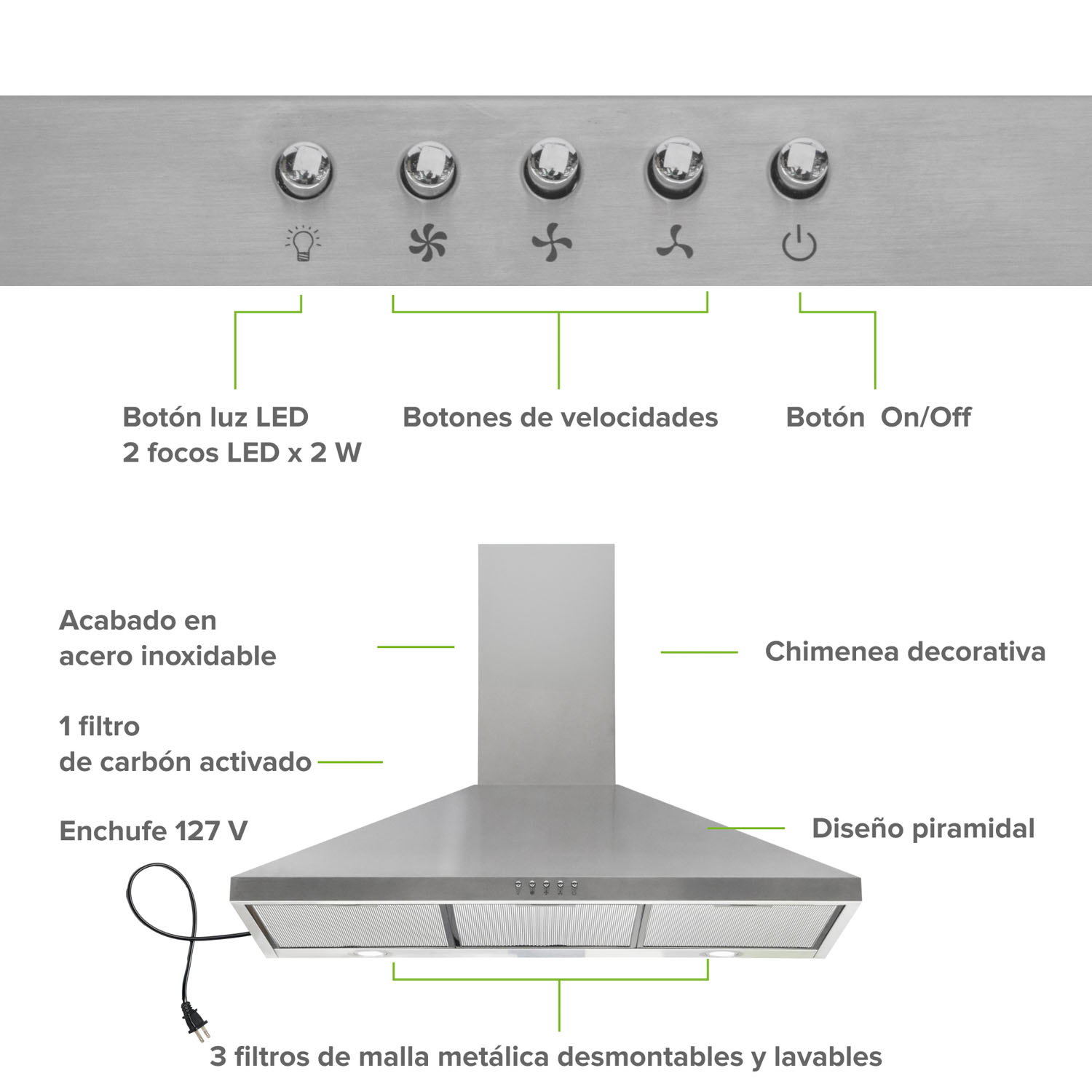 Foto 5 pulgar | Campana Para Cocina De Pared Piramidal 90 Cm 3 Velocidades Avera Cep90
