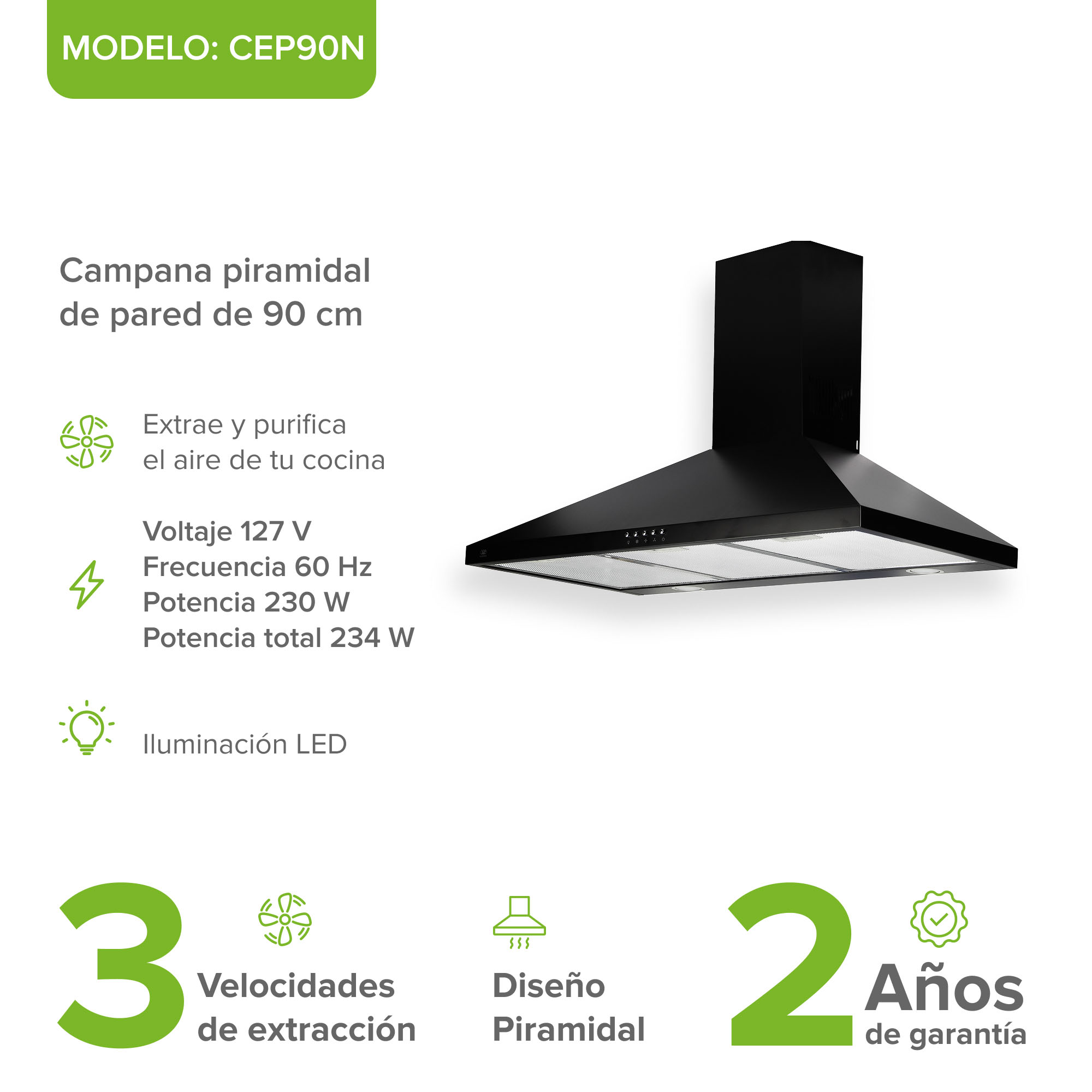 Foto 3 pulgar | Campana Para Cocina De Pared Piramidal 90 Cm 3 Velocidades Negro Avera Cep90n