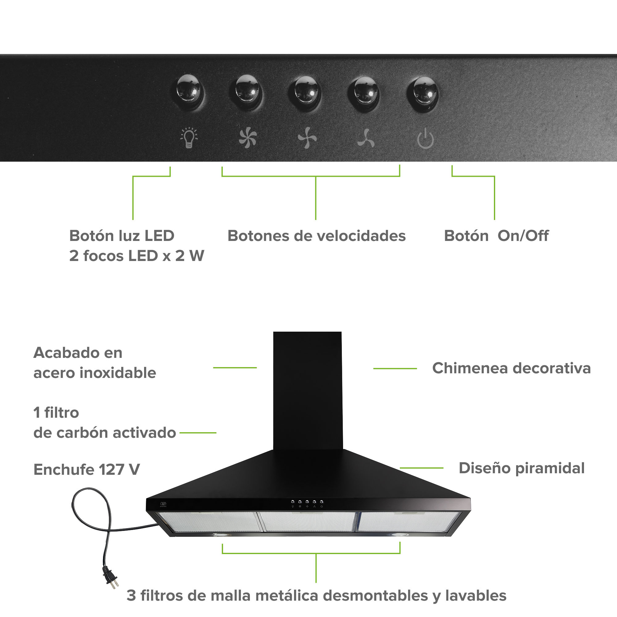Foto 4 pulgar | Campana Para Cocina De Pared Piramidal 90 Cm 3 Velocidades Negro Avera Cep90n