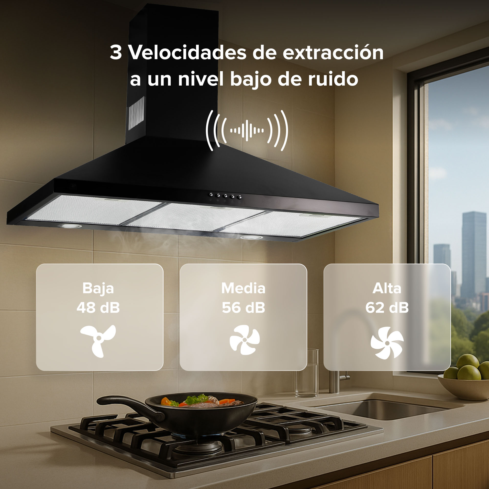 Foto 5 pulgar | Campana Para Cocina De Pared Piramidal 90 Cm 3 Velocidades Negro Avera Cep90n