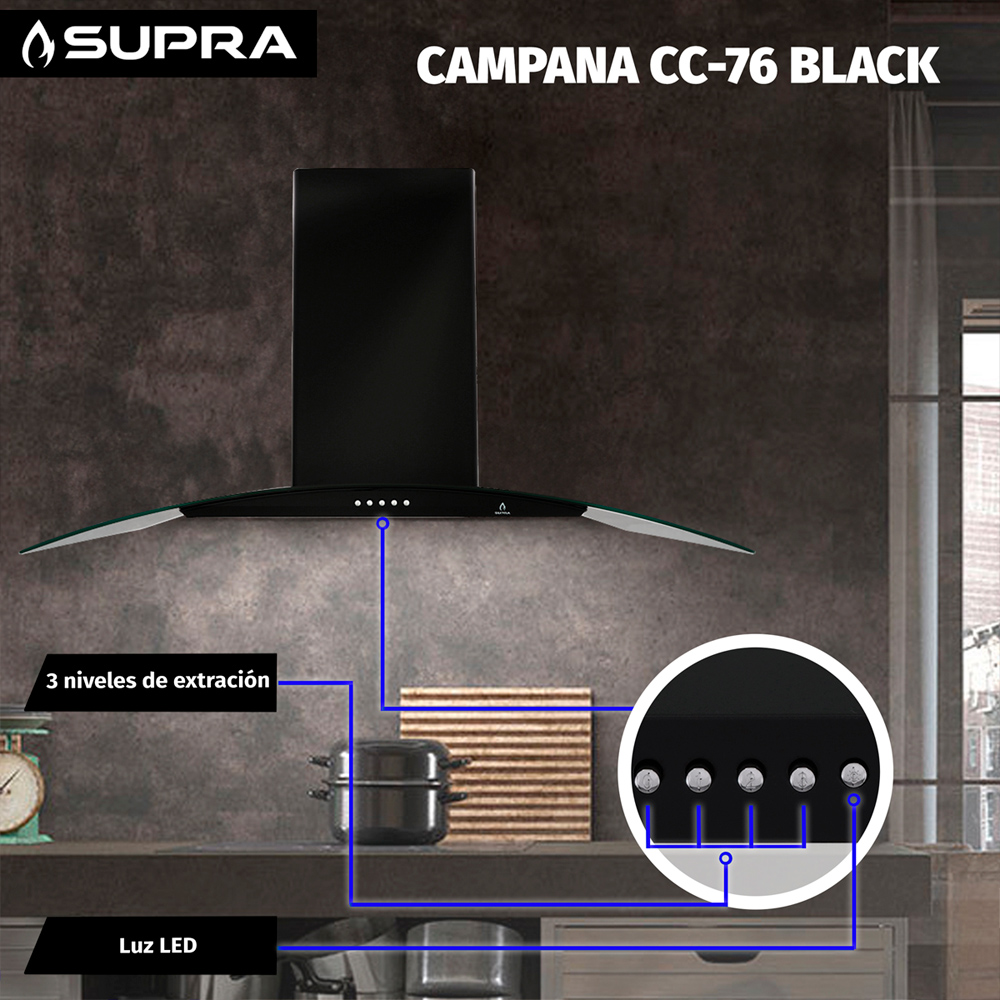 Foto 7 | Campana Extractora Cc-76-black Decorativa De Pared De Acero Inoxidable Color Negro