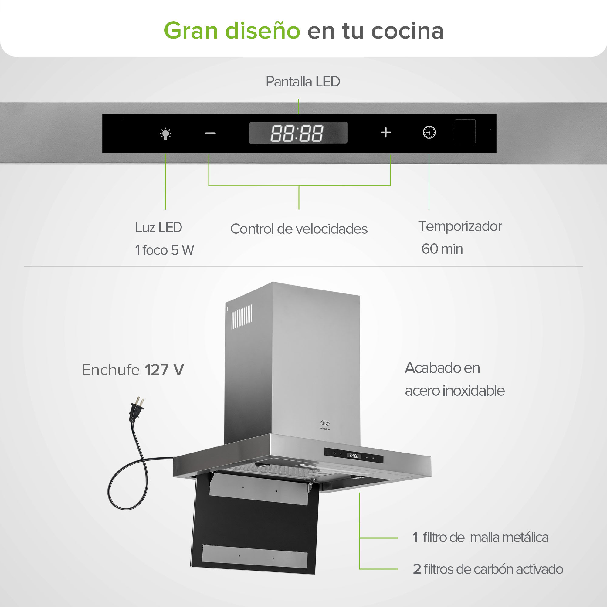 Foto 4 | Campana De Cocina De Pared Tipo T 60 Cm En Acero Inoxidable Con Tecnología Sin Contacto
