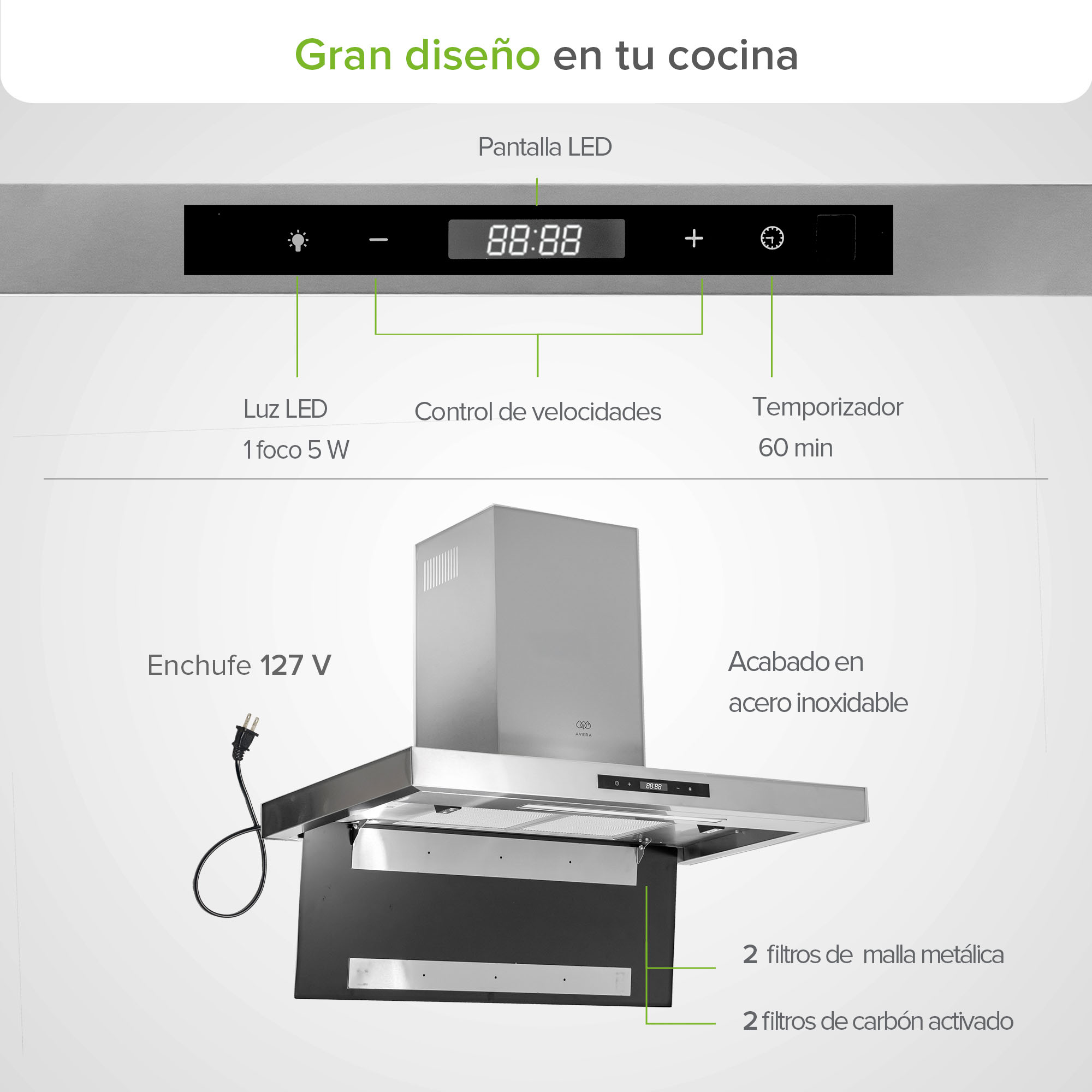 Foto 5 pulgar | Campana De Cocina De Pared Tipo T 90 Cm En Acero Inoxidable Con Tecnología Sin Contacto