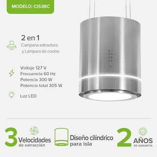 Foto 3 | Campana De Cocina De Isla Cilíndrica 38 Cm Acero Inoxidable Y Lámpara Decorativa
