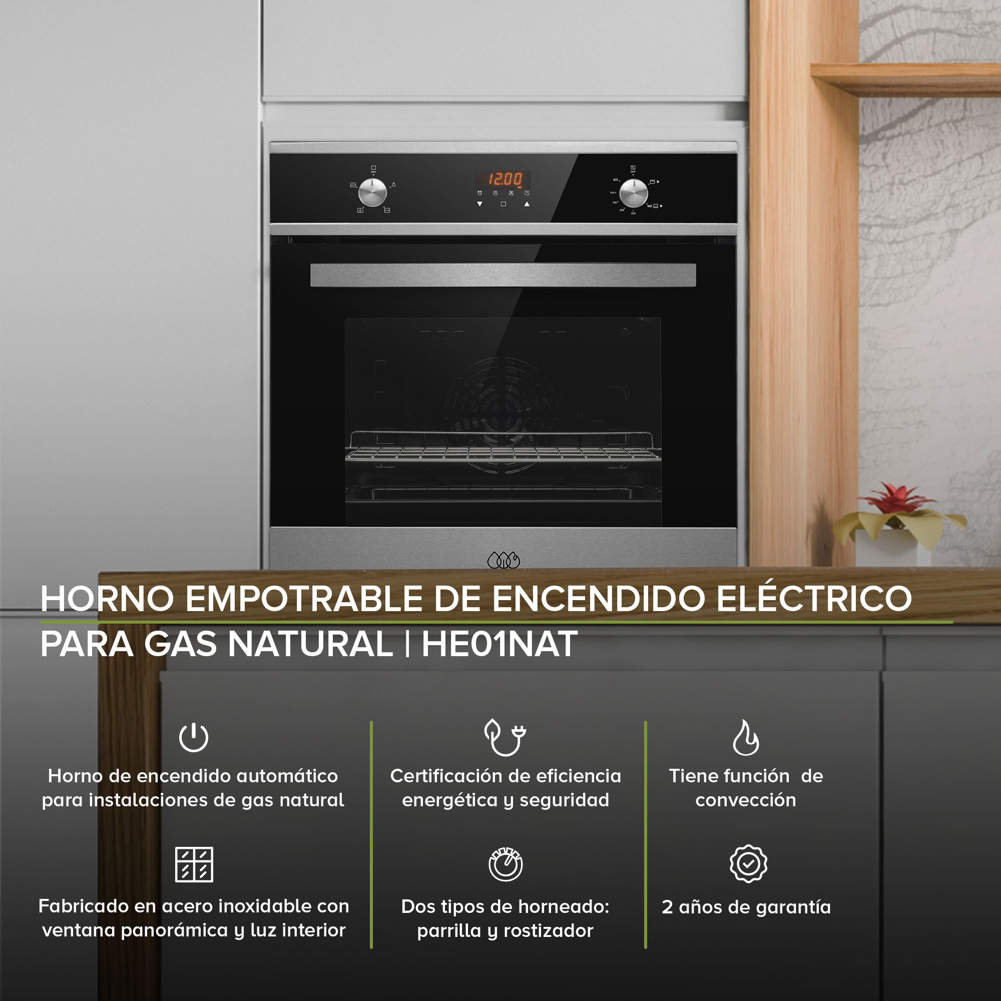 Foto 2 | Horno Empotrable Gas Natural Avera He01nat Eléctrico Acero Inoxidable - color Negro