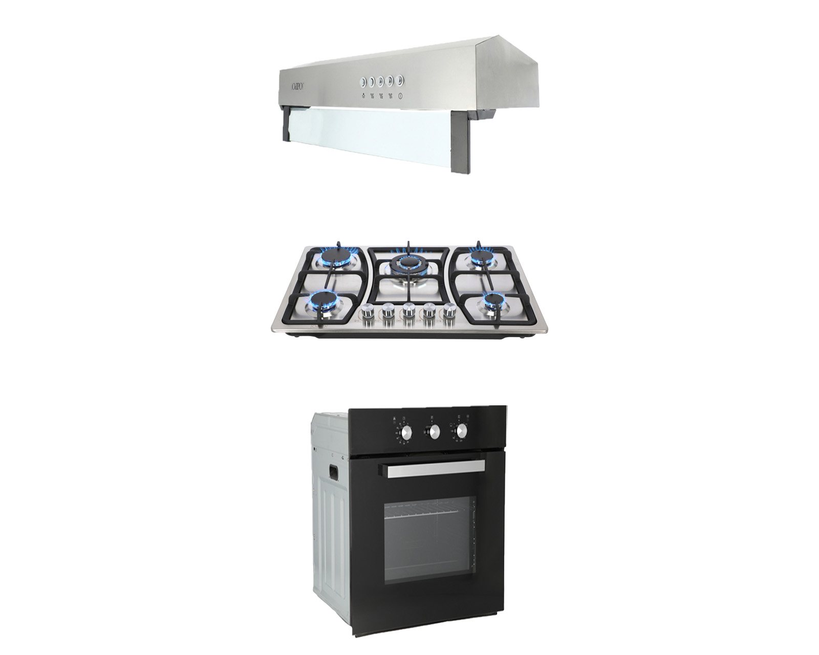 Tricombo de Campana Pared Odipo Thory 80 Parrilla Acero Inox Odipo 5q Viguns y Horno Gas Empotrable Motrix