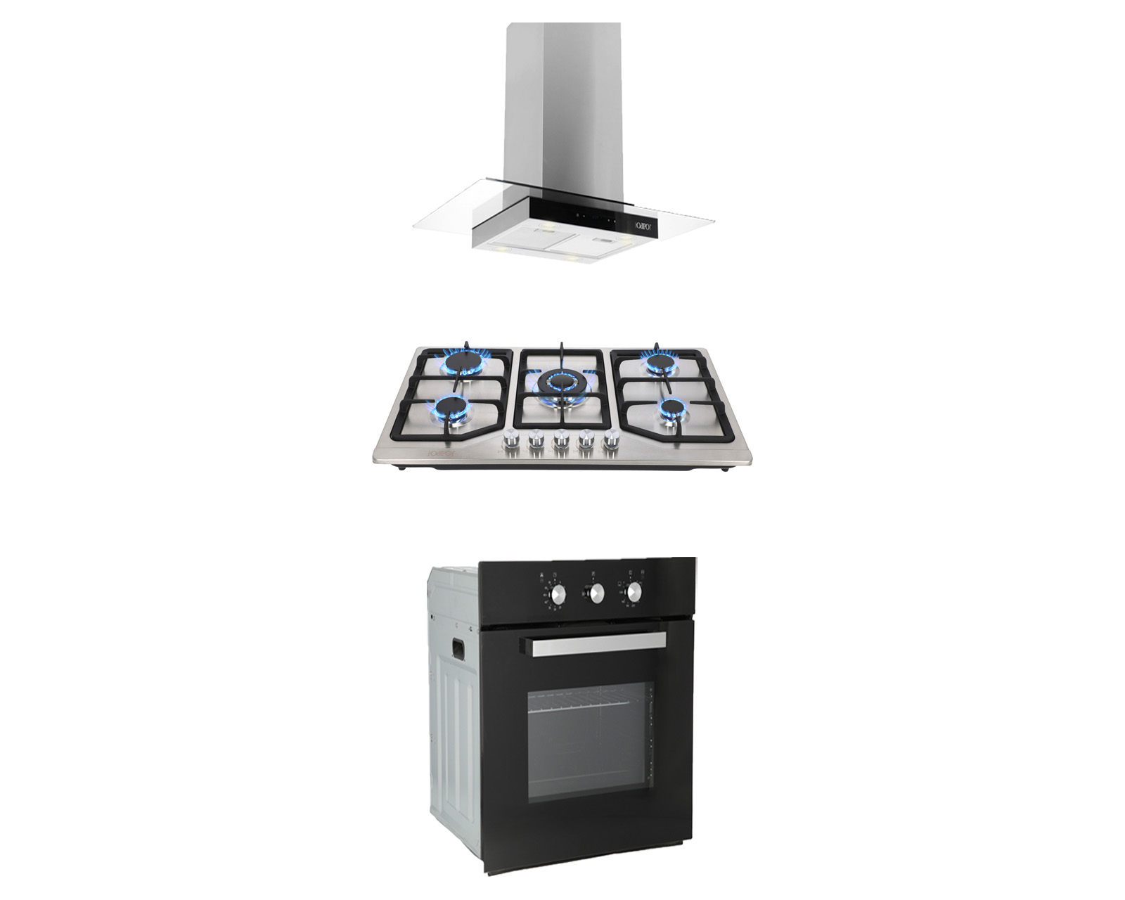 Tricombo de Campana Isla 90 CM Odipo Fordex Parrilla Acero Inox Odipo Vesta 86 CM y Horno Gas Empotrable Motrix