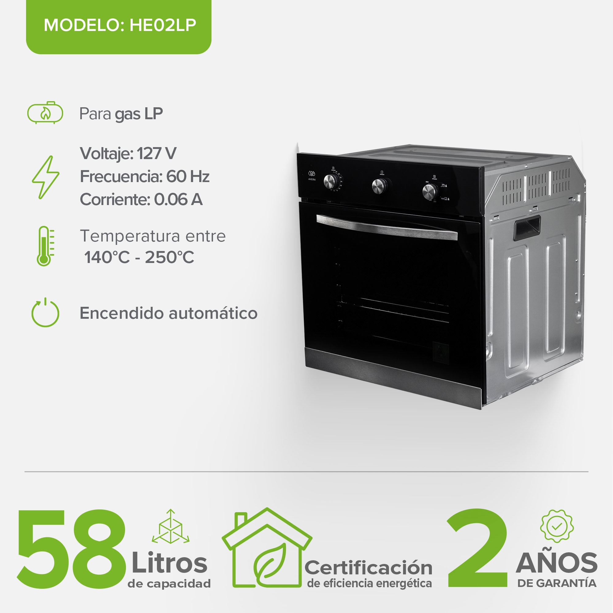 Foto 6 pulgar | Horno Empotrable 3 Perrillas Gas Lp 58 Litros Avera He02lp