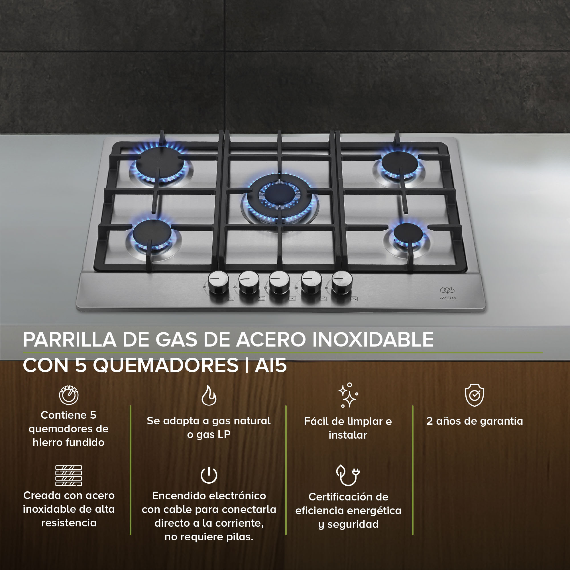 Foto 2 | Parrilla de Gas Acero Inoxidable con 5 Quemadores Avera Ai5 color Plateado