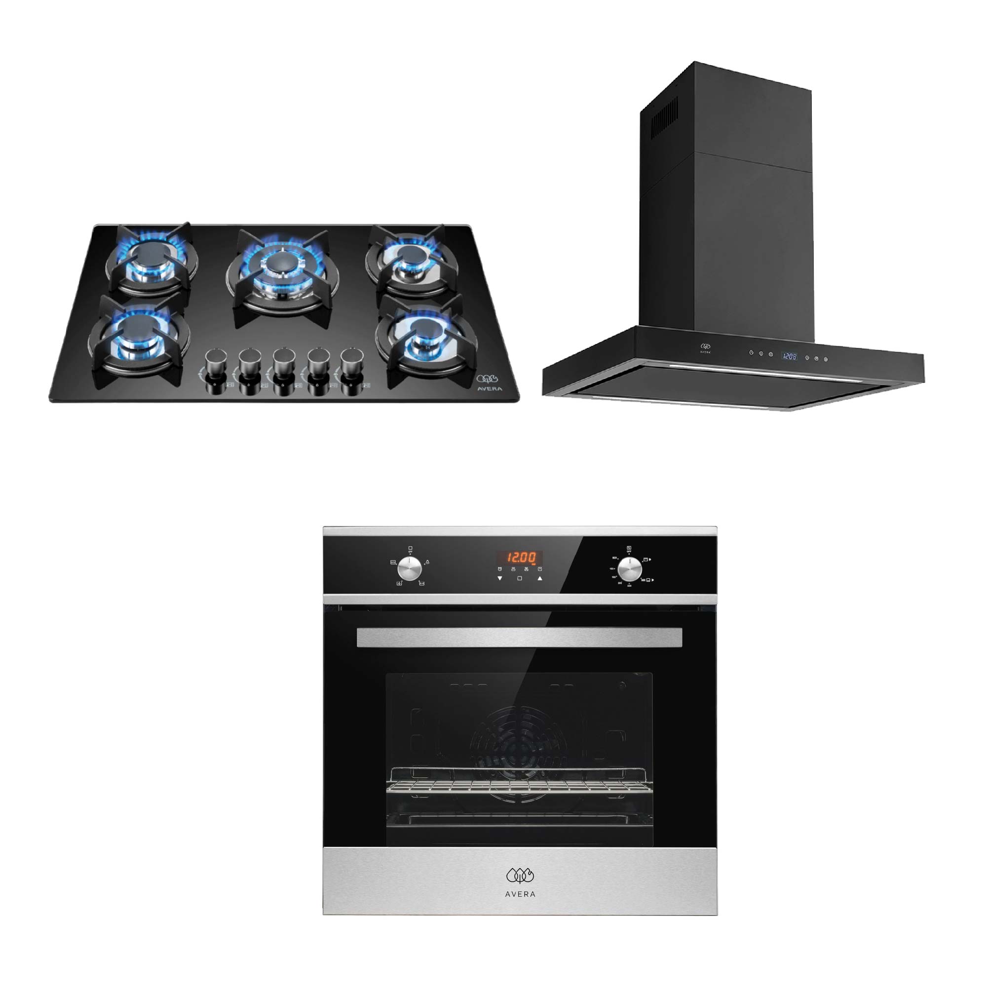 Combo Parrilla A Gas 5 Quemadores Campana Extractora Y Horno Empotrable Avera Vt5cen76che01lp - Color Negro