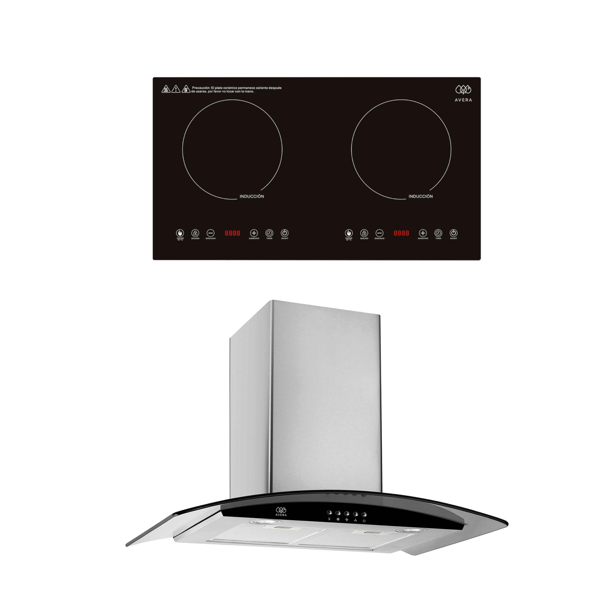 Combo Parrilla de Inducción y Campana de Pared Avera PIV2CEA60C color Negro y Blanco