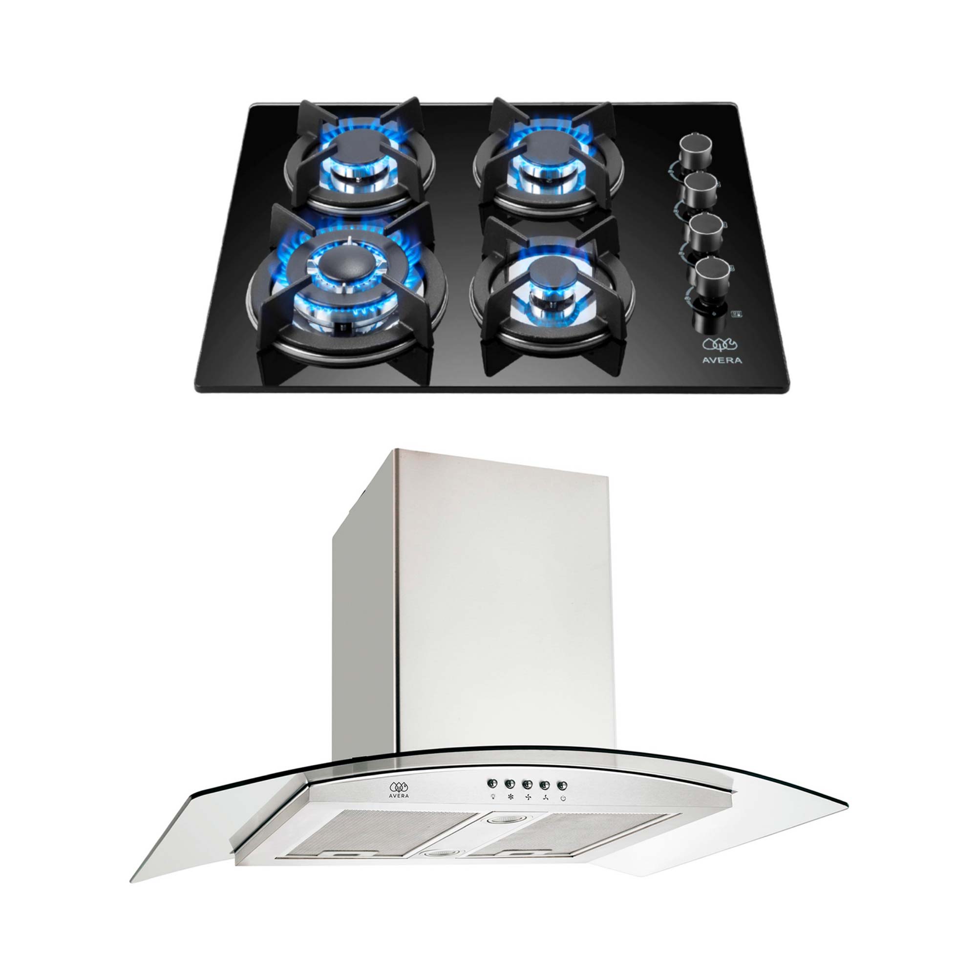 Combo Parrilla A Gas 4 Quemadores Y Campana De Isla 76 Cm Avera Vt4cevd90c - Color Negro