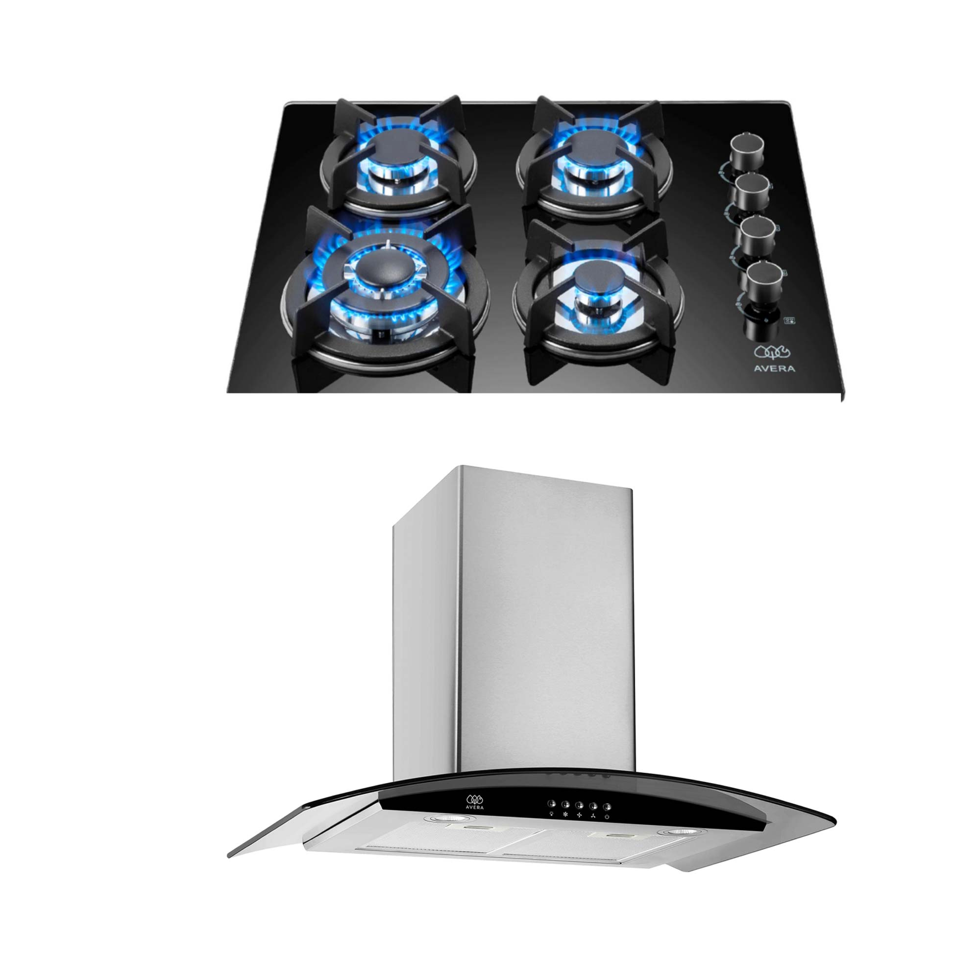 Combo Parrilla a Gas Avera VT4CEV60C color Negro 4 Quemadores y Campana de Pared 76 CM